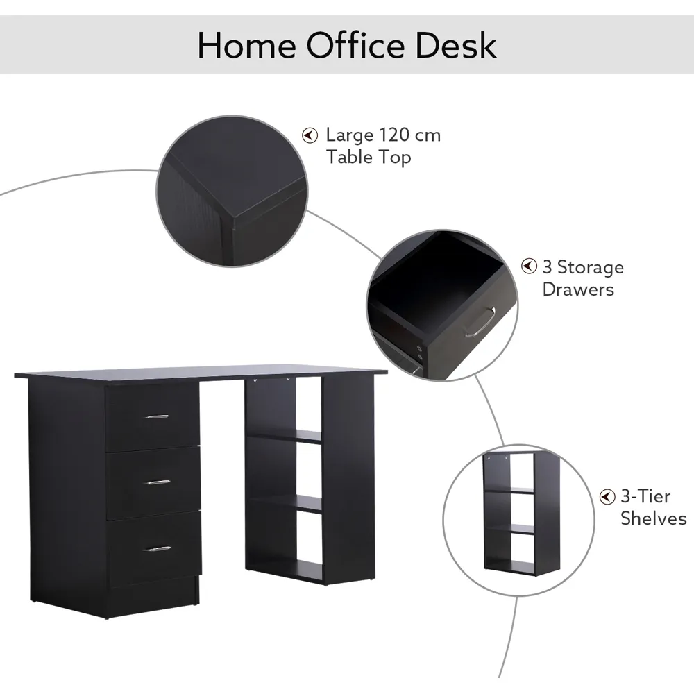 3 Drawer 3 Shelf Computer Desk - Black