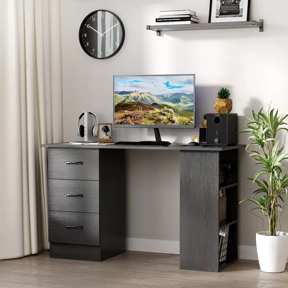 3 Drawer 3 Shelf Computer Desk - Black