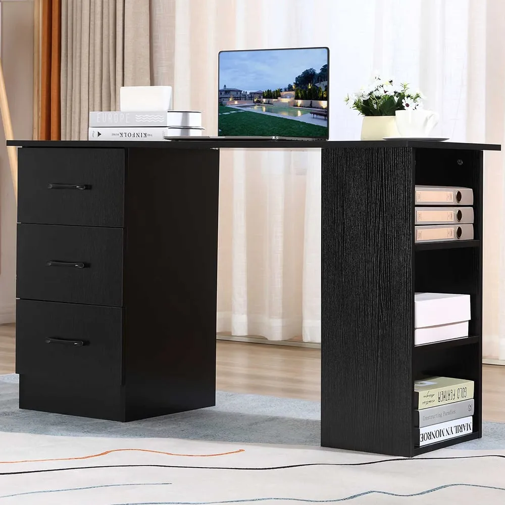 3 Drawer 3 Shelf Computer Desk - Black image