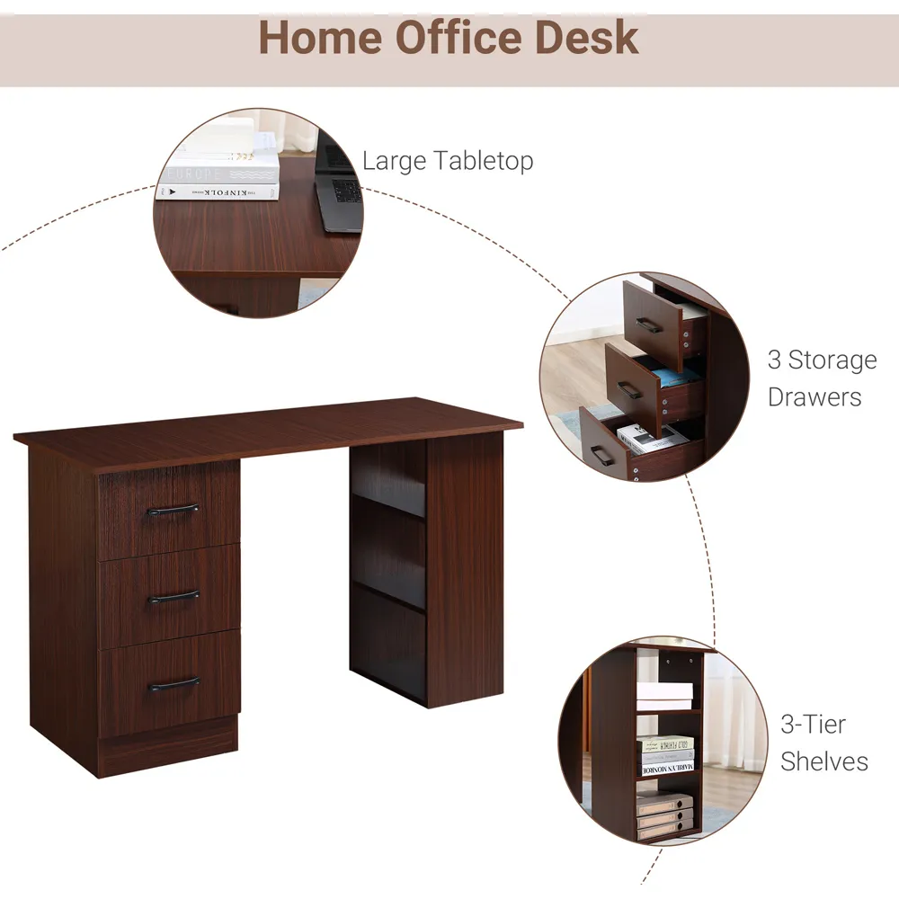 3 Drawer 3 Shelf Computer Desk - Walnut Brown