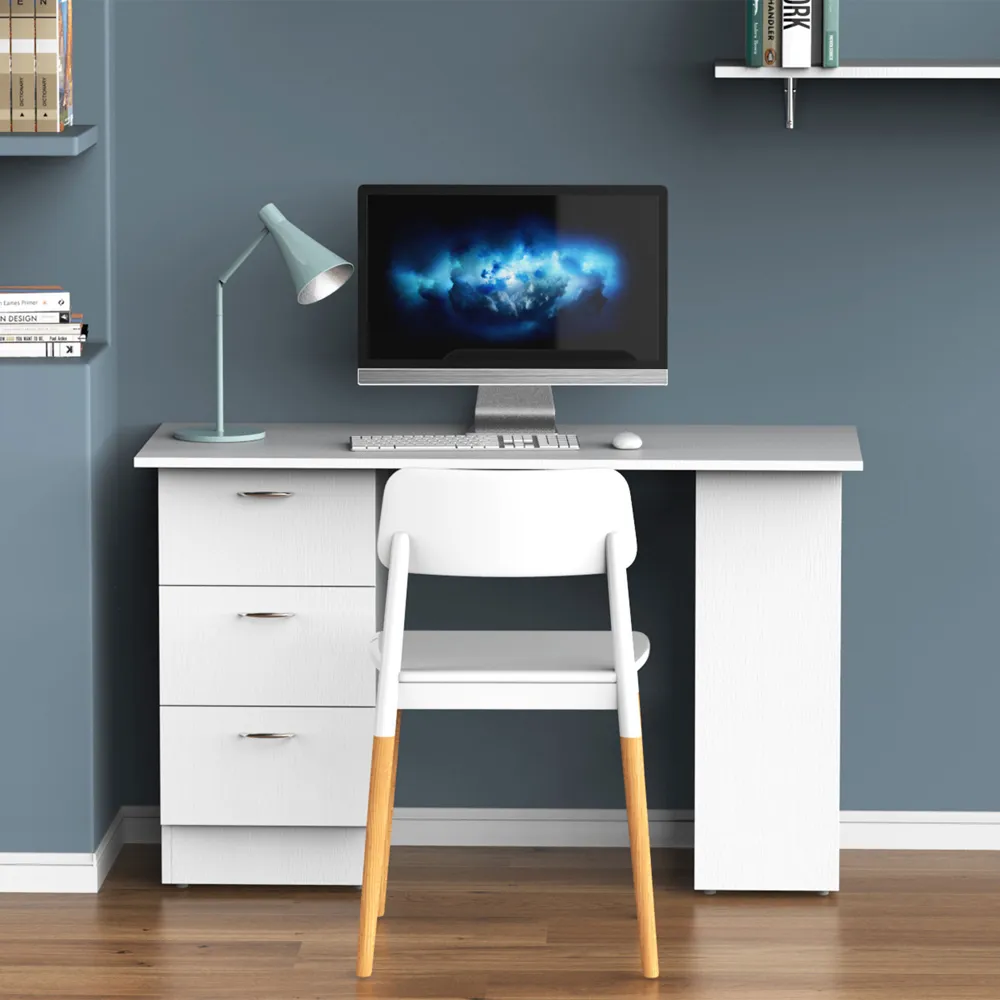 3 Drawer 3 Shelf Computer Desk - White