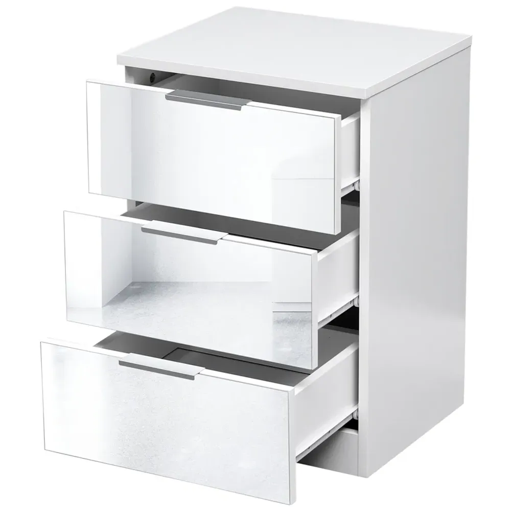 3 Drawer Mirror Bedside Table - White
