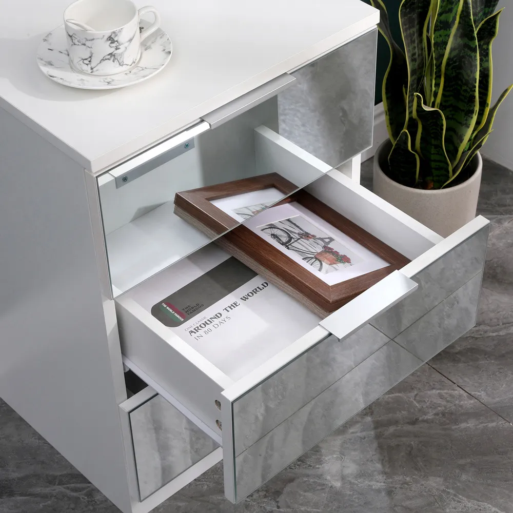 3 Drawer Mirror Bedside Table - White