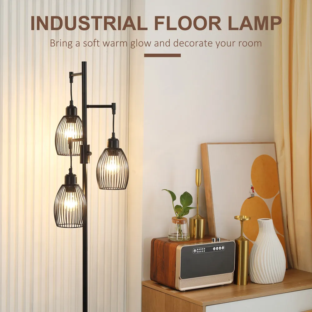 3 Light Industrial Floor Lamp - Black