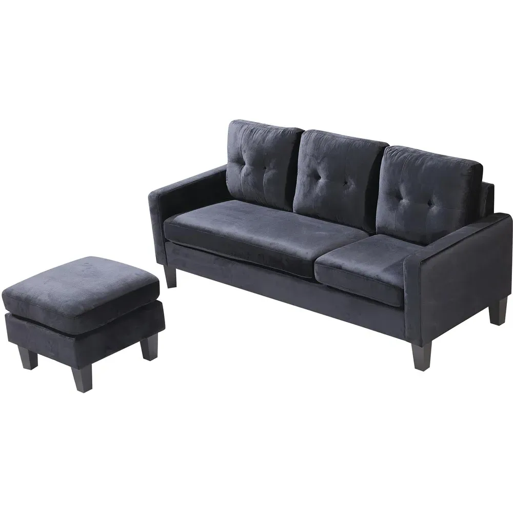 3-Seater L-Shaped Corner Sofa with Ottoman - Black, Velvet