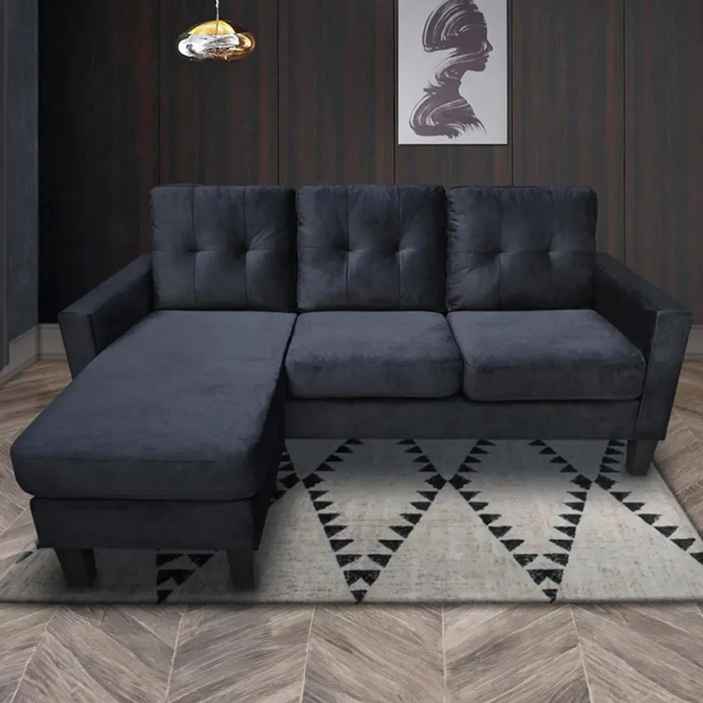 3-Seater L-Shaped Corner Sofa with Ottoman - Black, Velvet image