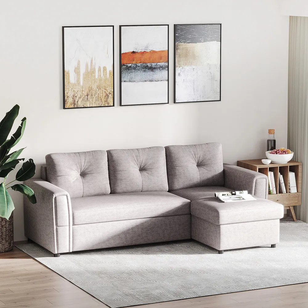 3-Seater L-Shaped Sofa Bed with Storage - Grey, Linen