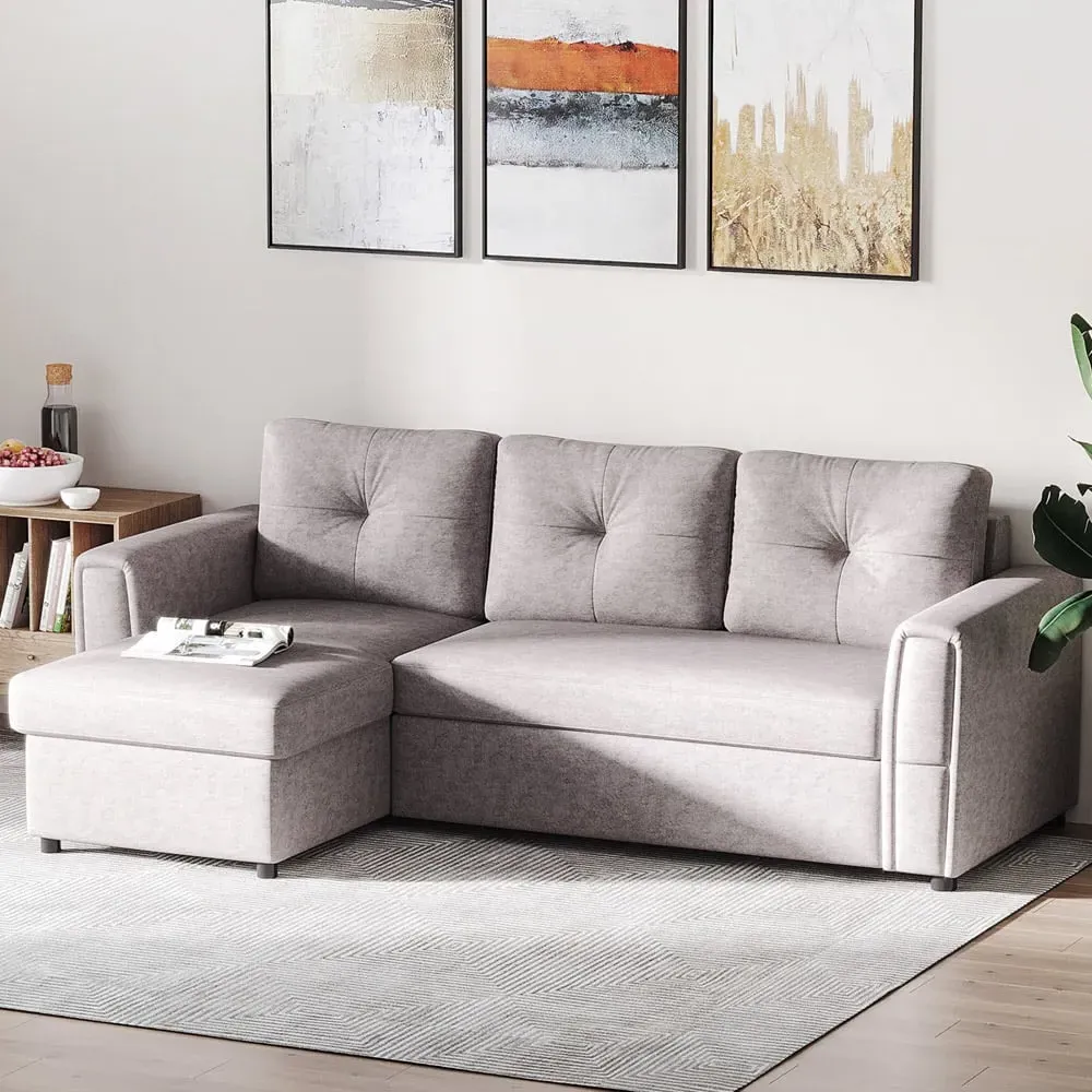 3-Seater L-Shaped Sofa Bed with Storage - Grey, Linen