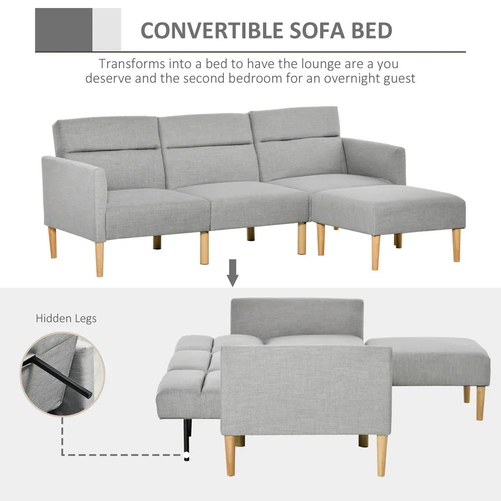3-Seater Sofa Bed with Footstool - Light Grey, Linen