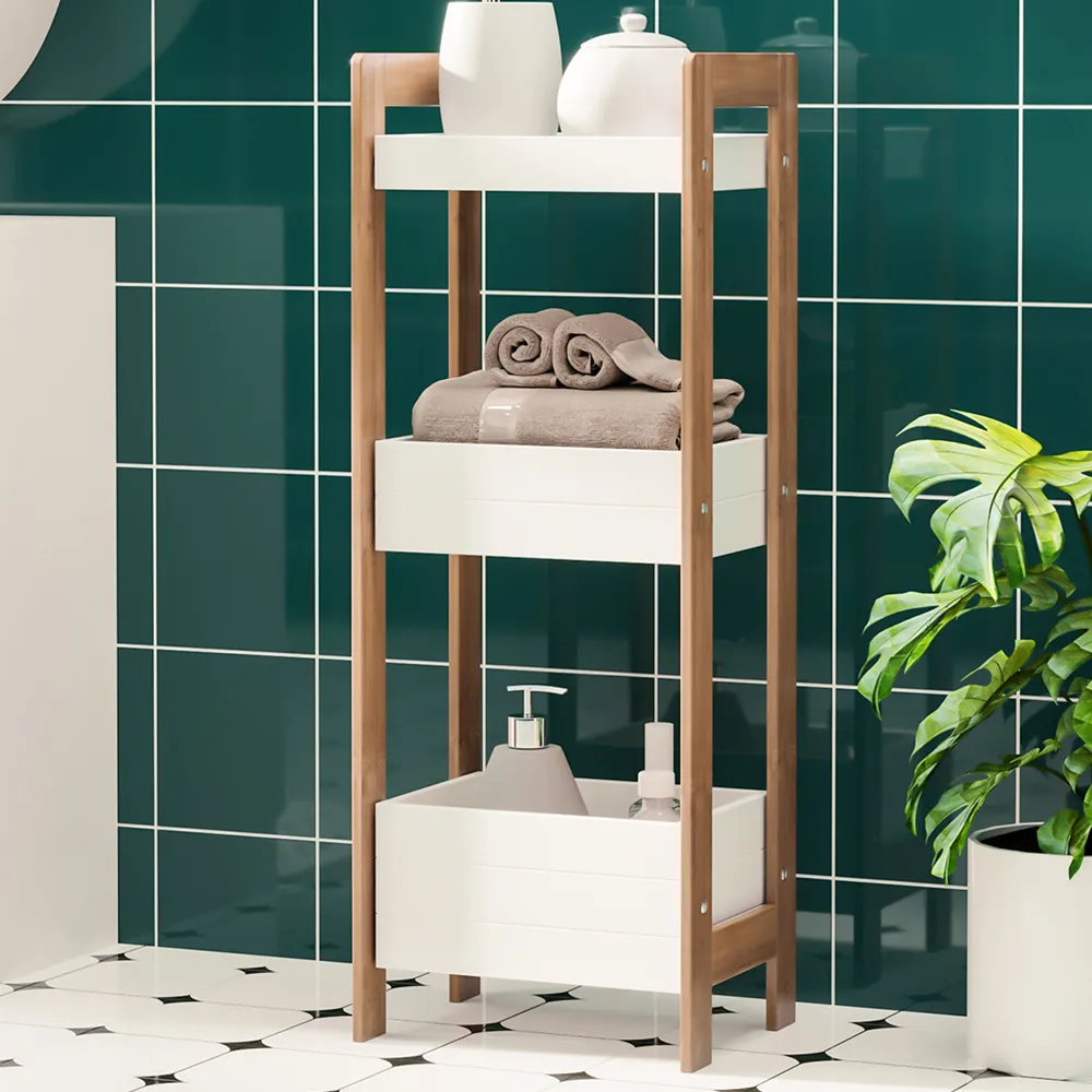 3 Shelf Bathroom Storage Unit - White, Bamboo