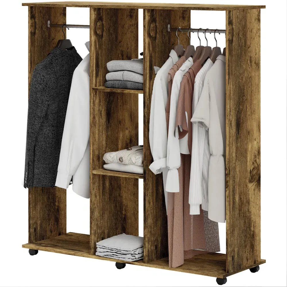 3 Shelf Double Open Wardrobe with Hanging Rail - Brown