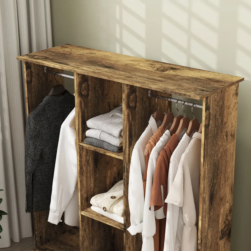 3 Shelf Double Open Wardrobe with Hanging Rail - Brown