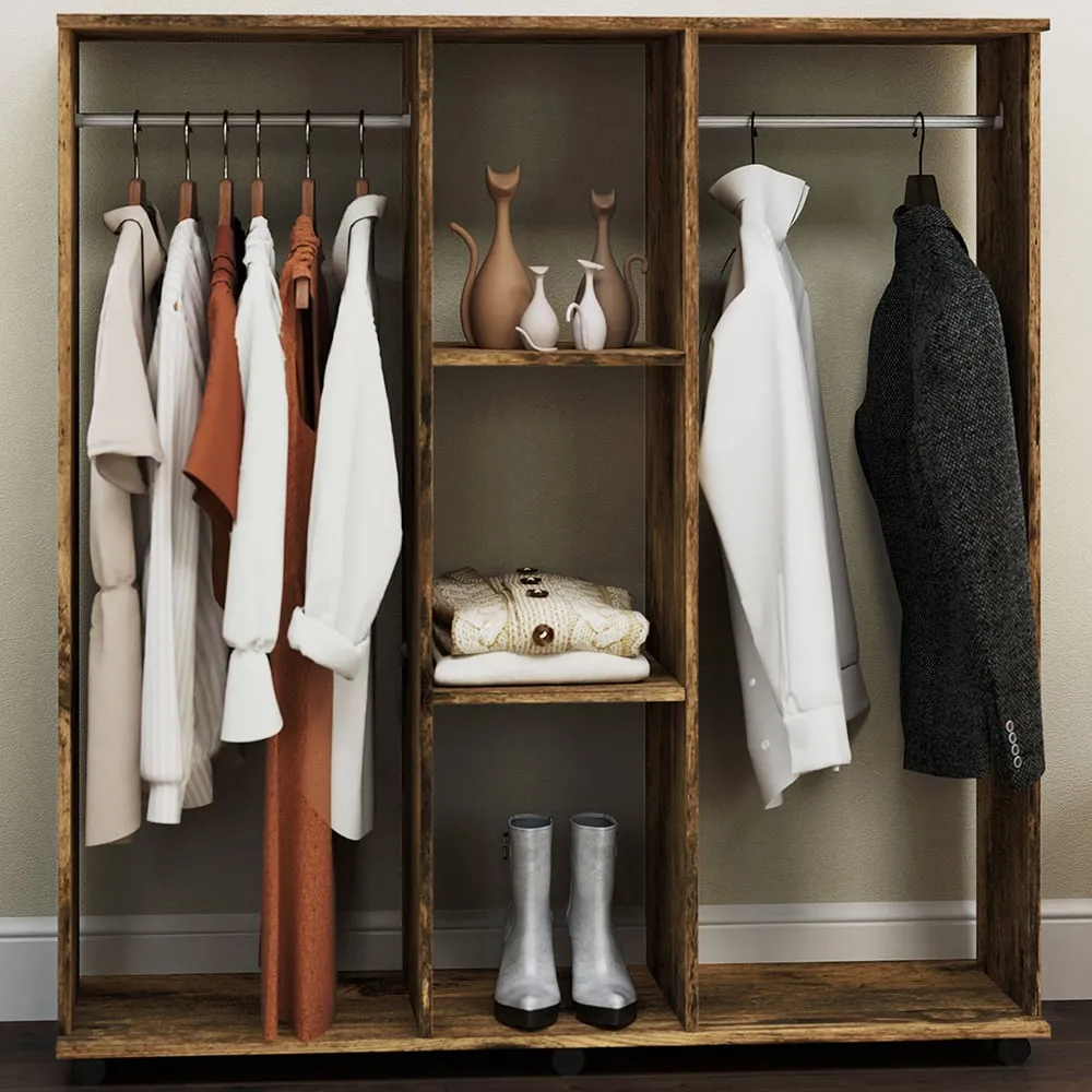3 Shelf Double Open Wardrobe with Hanging Rail - Brown image
