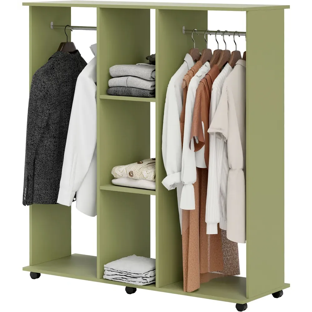 3 Shelf Double Open Wardrobe with Hanging Rail - Green