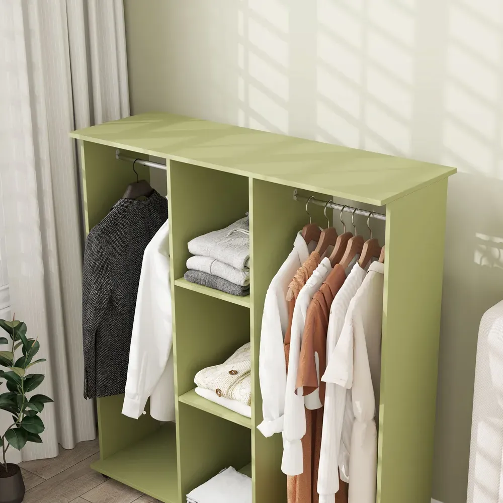 3 Shelf Double Open Wardrobe with Hanging Rail - Green