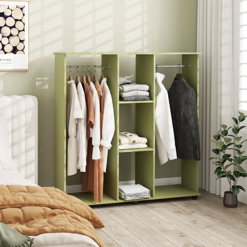 3 Shelf Double Open Wardrobe with Hanging Rail - Green