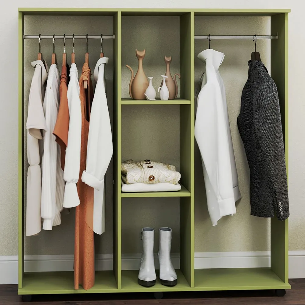 3 Shelf Double Open Wardrobe with Hanging Rail - Green