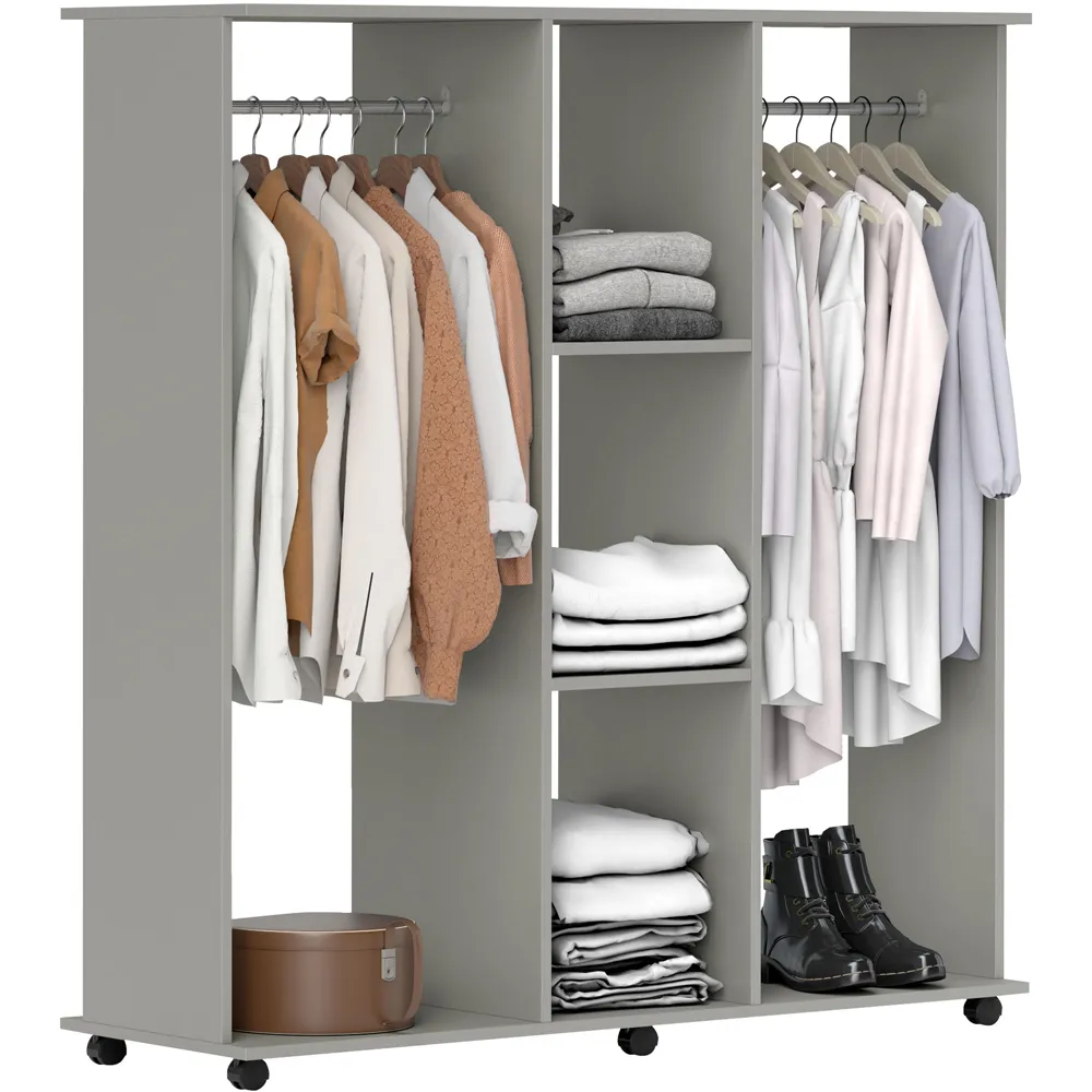 3 Shelf Double Open Wardrobe with Hanging Rail - Grey