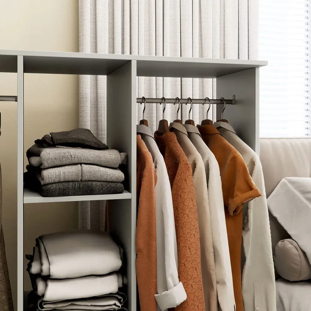 3 Shelf Double Open Wardrobe with Hanging Rail - Grey