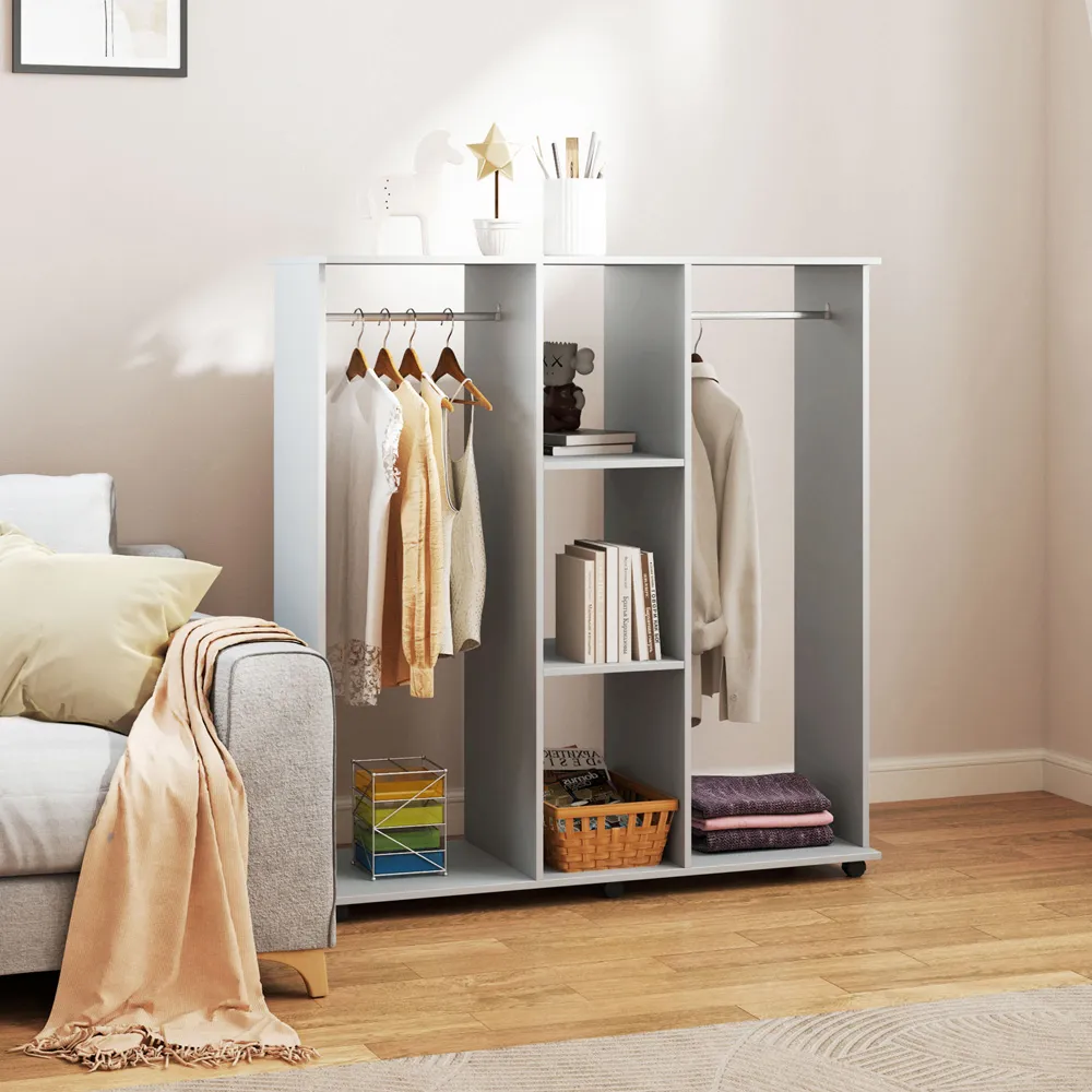 3 Shelf Double Open Wardrobe with Hanging Rail - Grey