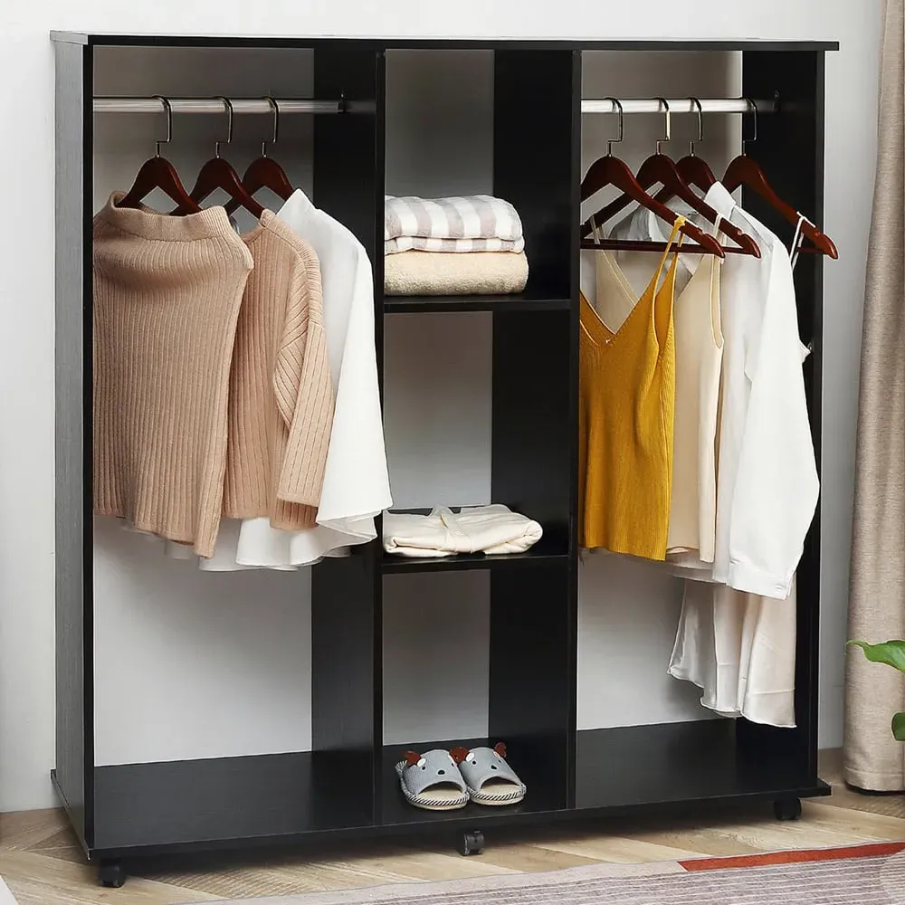 3 Shelf Mobile Open Wardrobe - Black