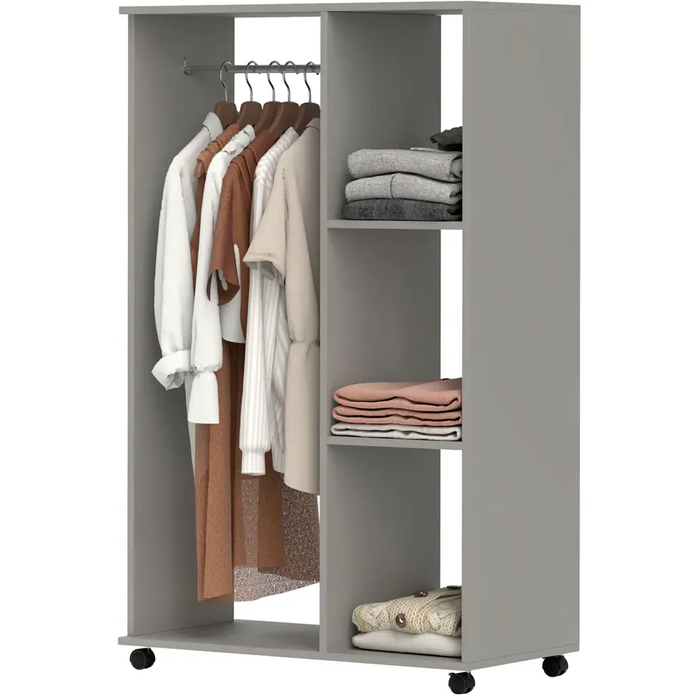 3 Shelf Rolling Open Wardrobe with Hanging Rail - Grey