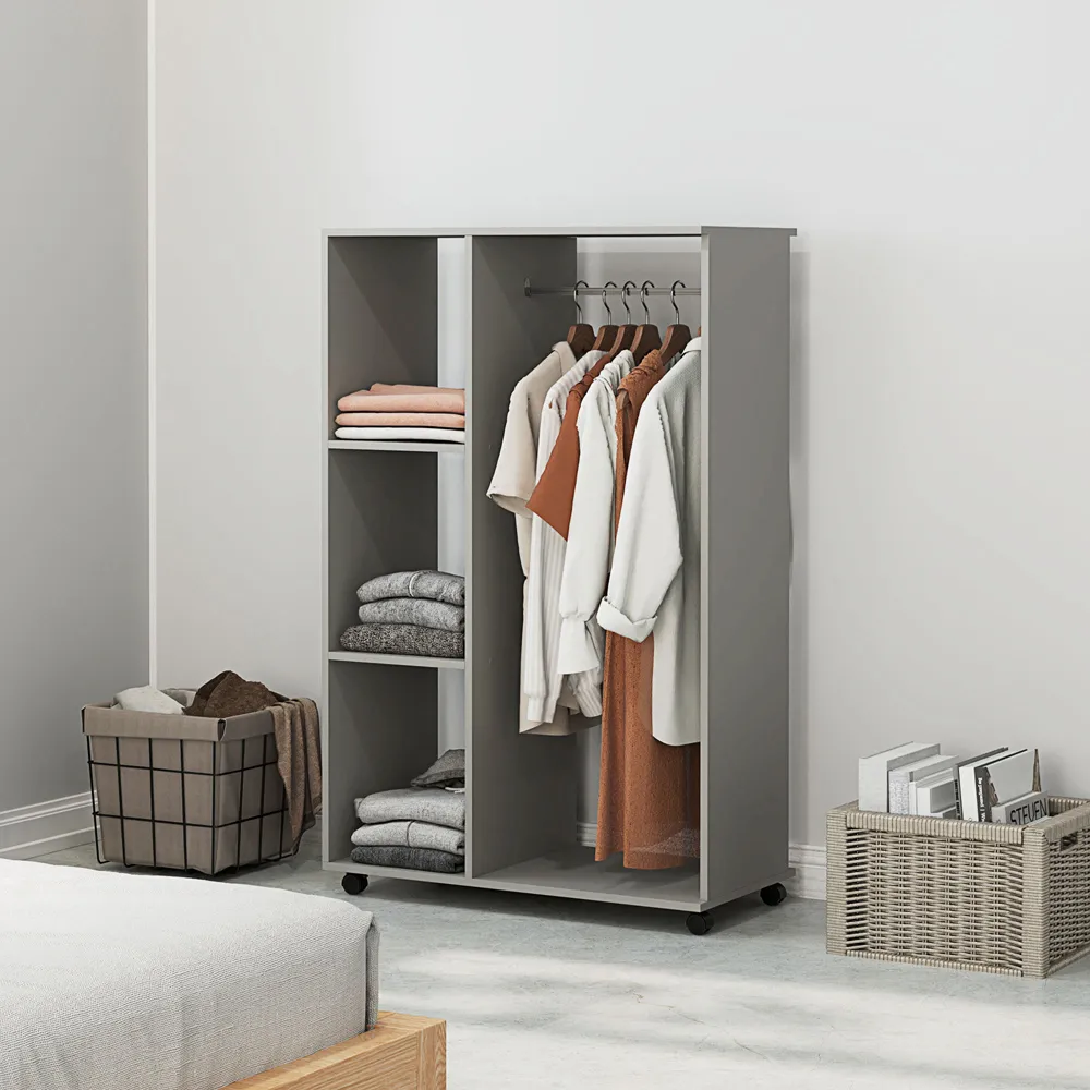 3 Shelf Rolling Open Wardrobe with Hanging Rail - Grey