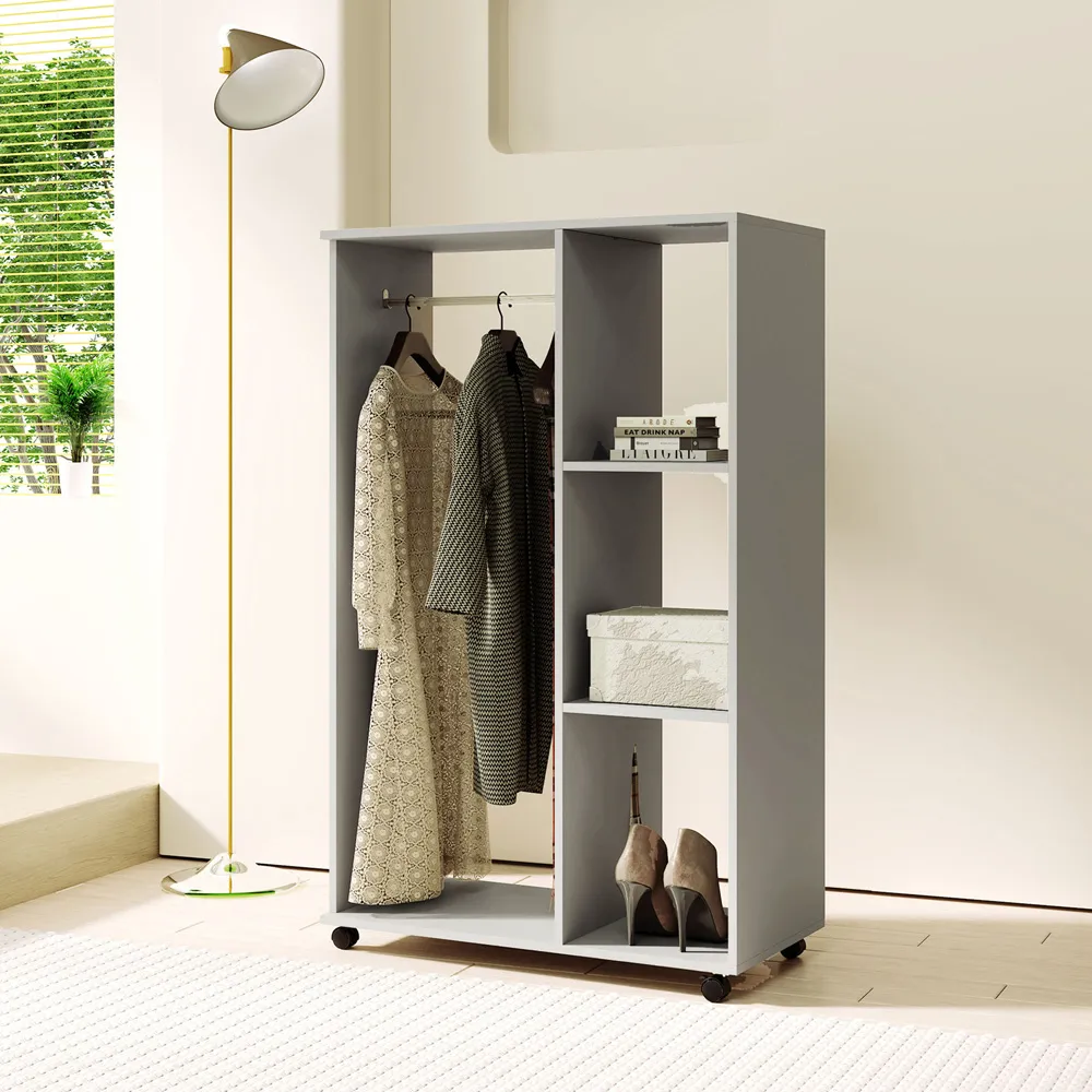 3 Shelf Rolling Open Wardrobe with Hanging Rail - Grey