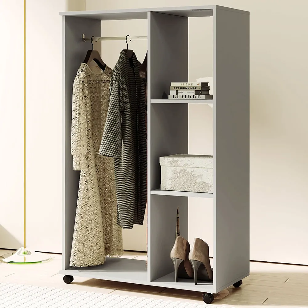 3 Shelf Rolling Open Wardrobe with Hanging Rail - Grey