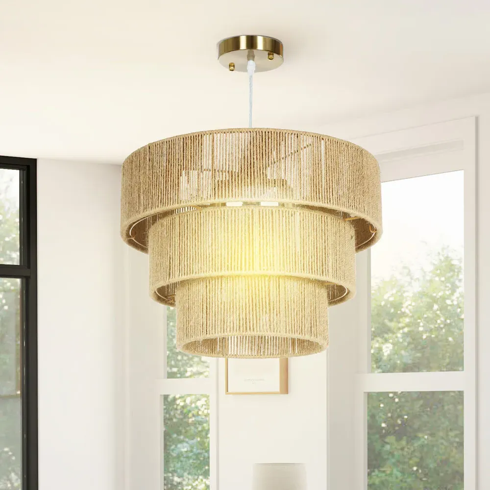 3 Tier Pendant Light - Light Brown, Hemp Rope
