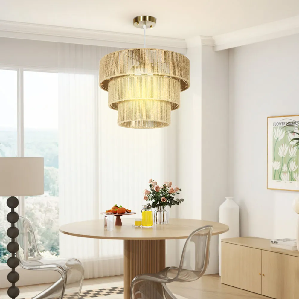 3 Tier Pendant Light - Light Brown, Hemp Rope