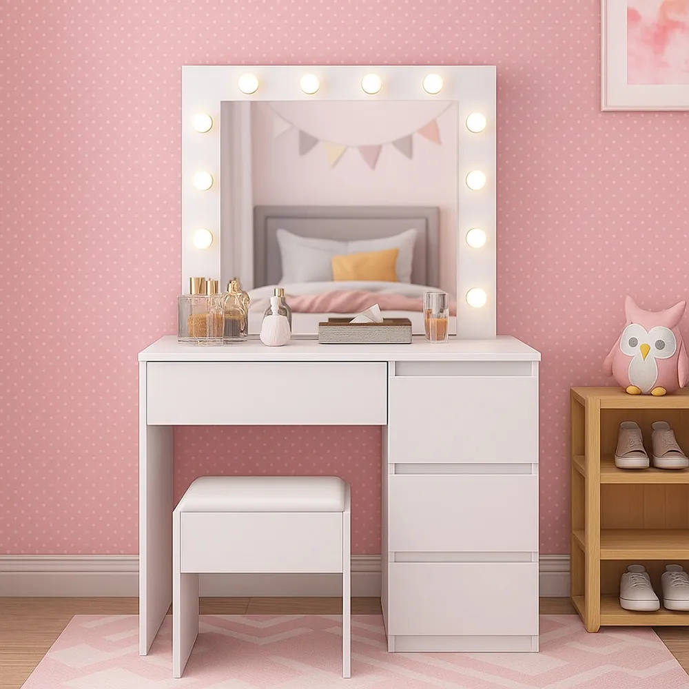 4 Drawer Dressing Table Set with LED Mirror - White
