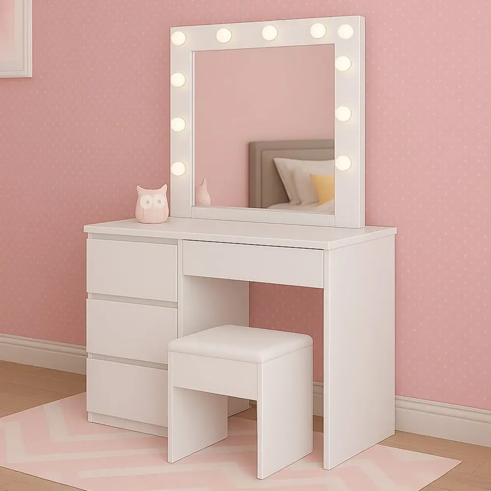 4 Drawer Dressing Table Set with LED Mirror - White