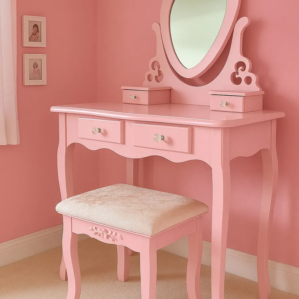 4 Drawer Dressing Table Set with Mirror - Pink