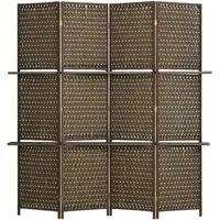 4 Panel Folding Privacy Screen with Shelf - Brown