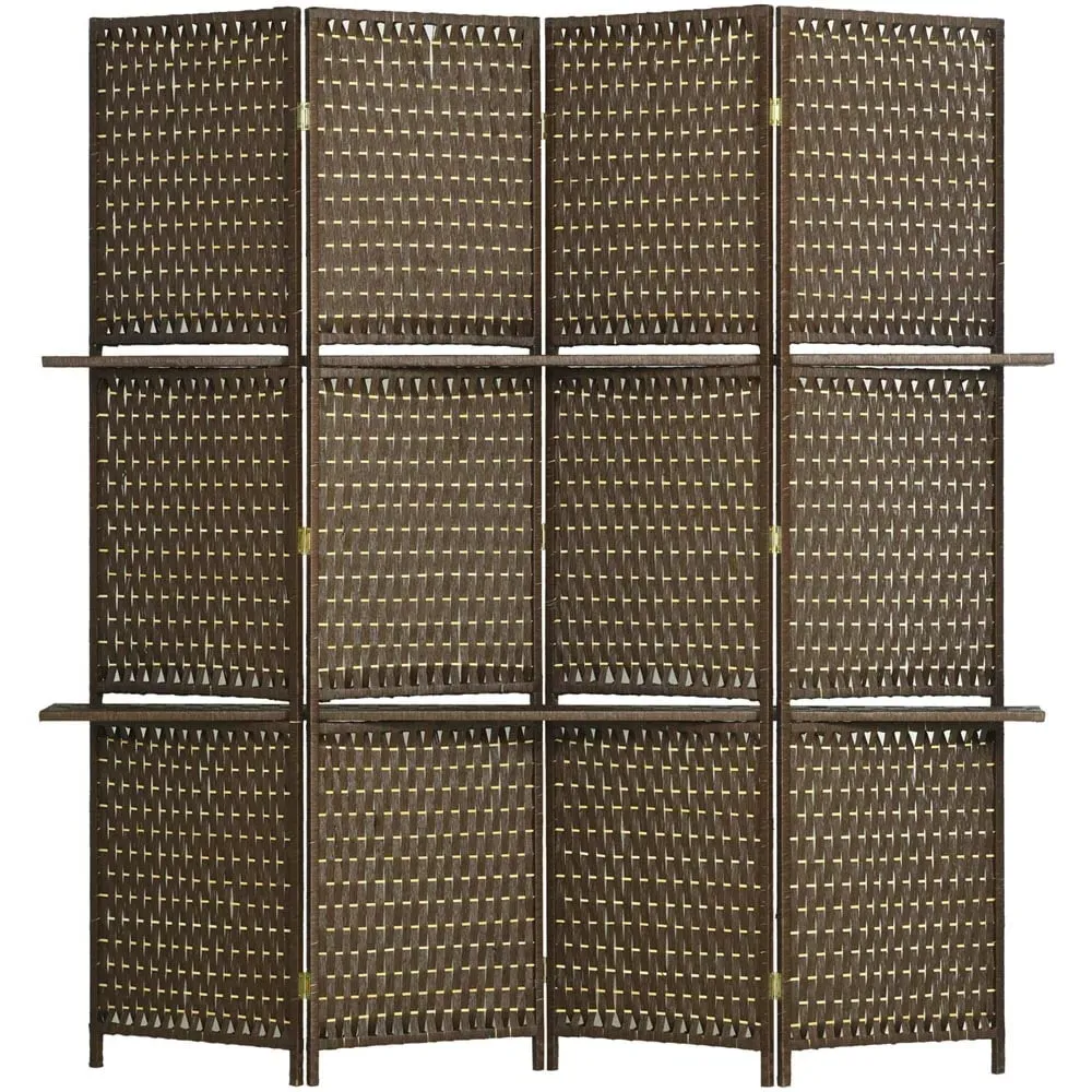4 Panel Folding Privacy Screen with Shelf - Brown image