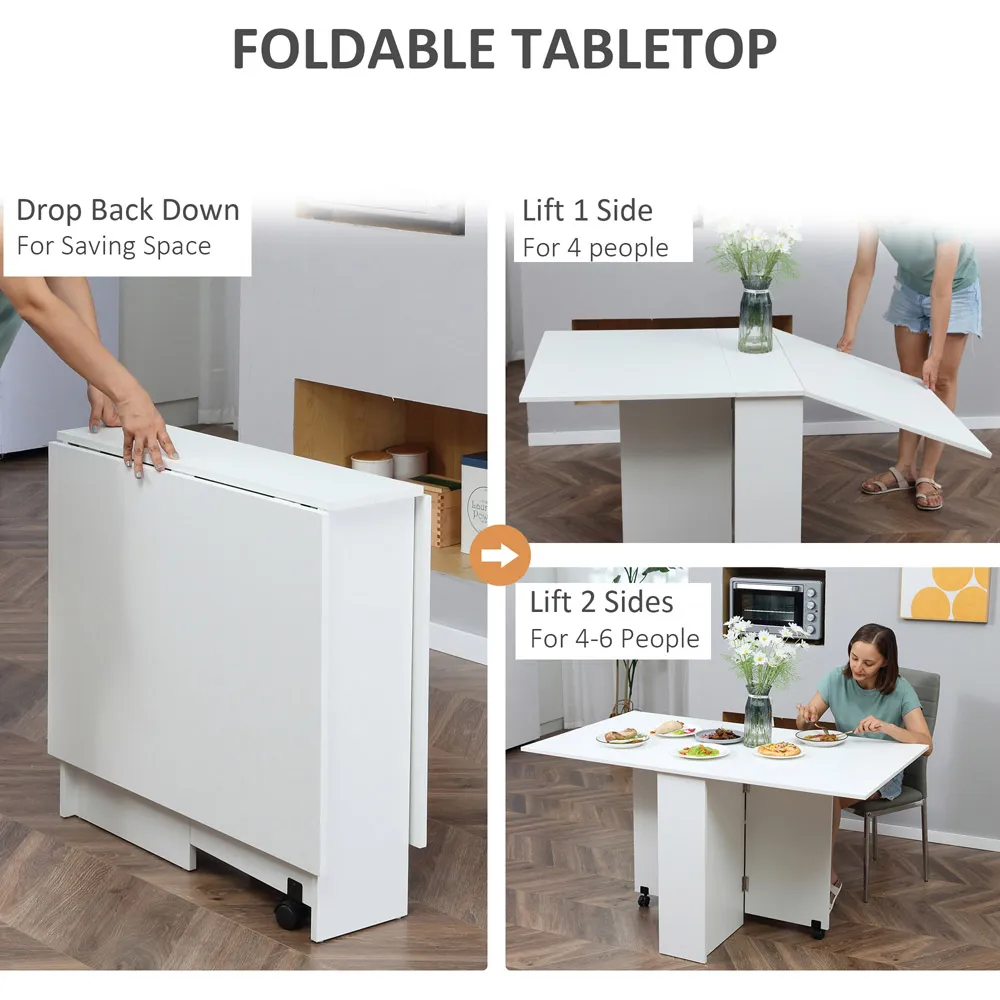 4-Seater Drop Leaf Folding Dining Table with Storage - White