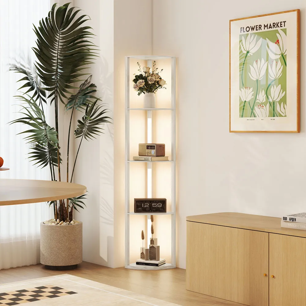 4 Shelf Corner Floor Lamp with Storage - Oak