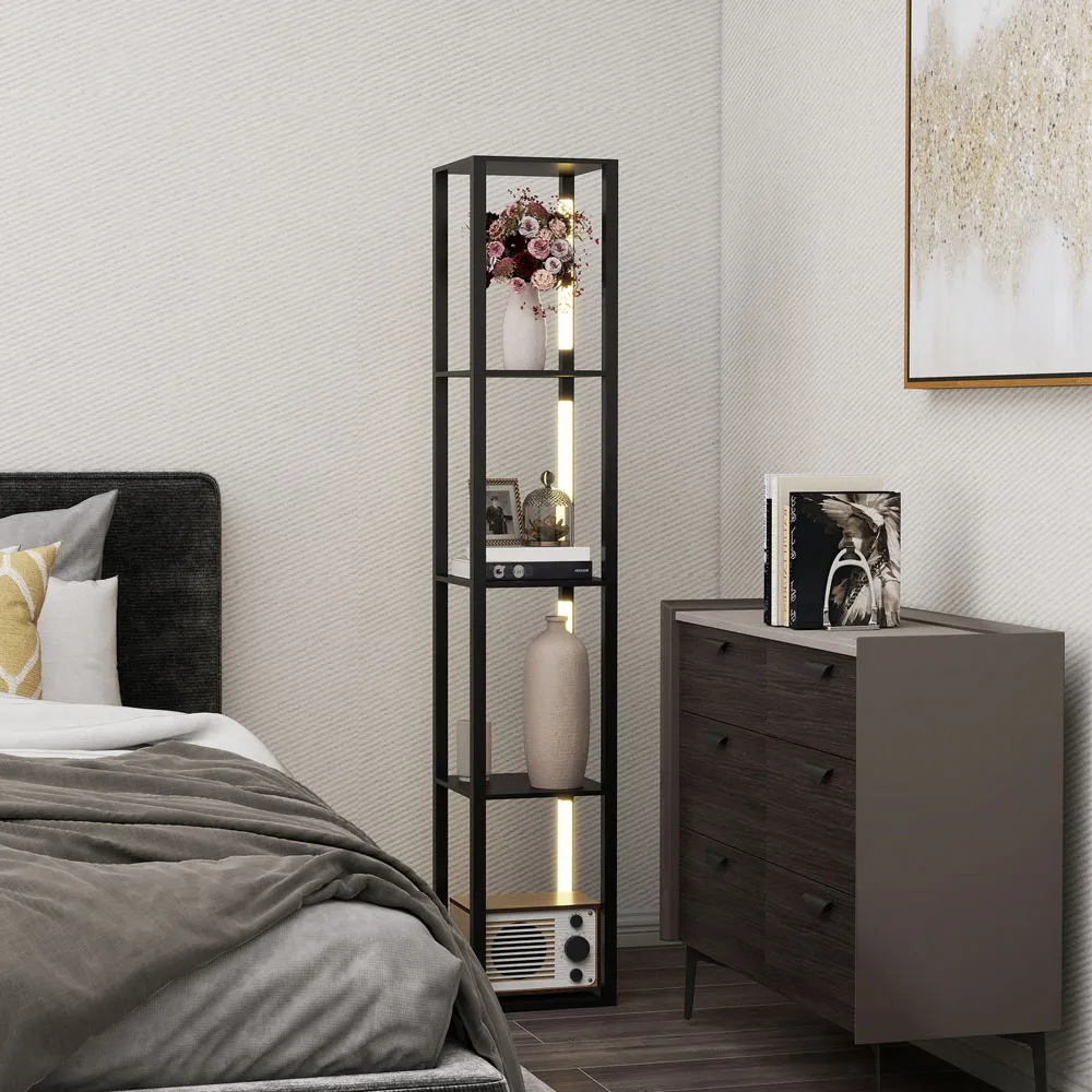 4 Shelf Floor Lamp with Storage - Black