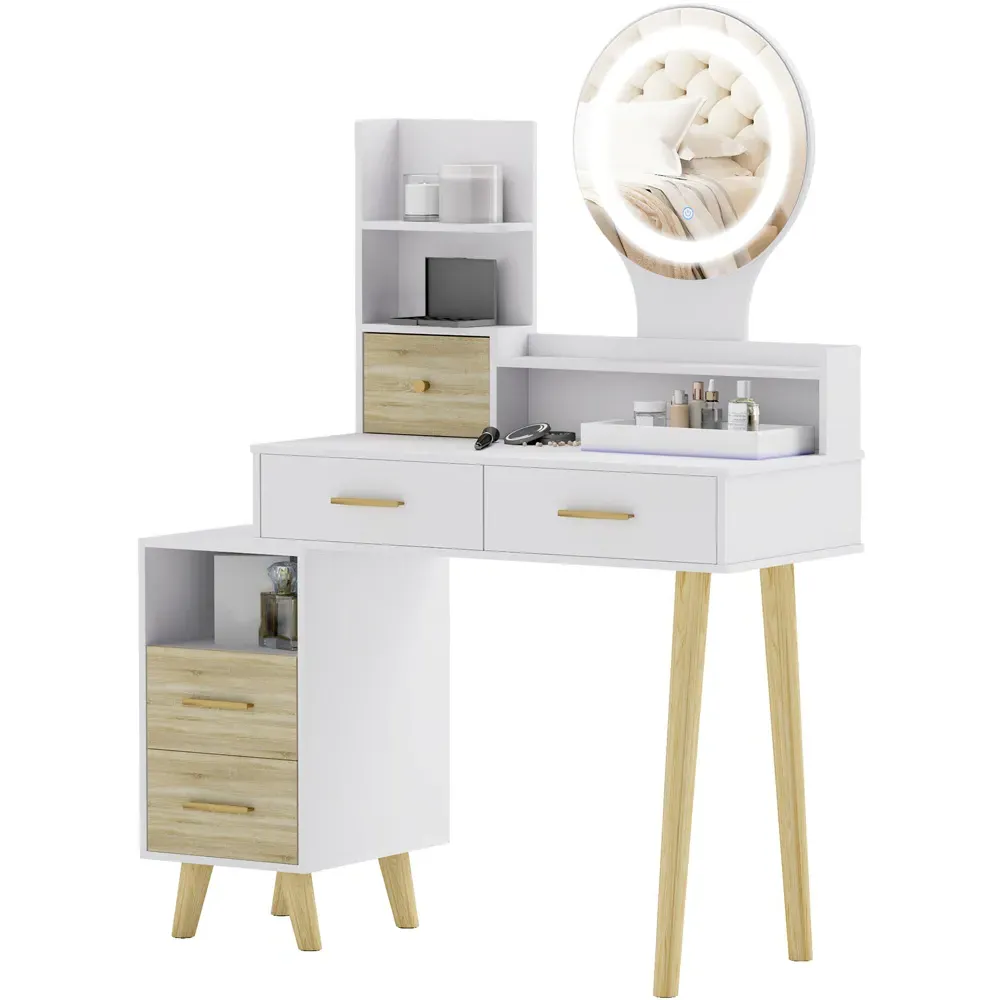5 Drawer 5 Shelf Dressing Table with LED Light Mirror - White