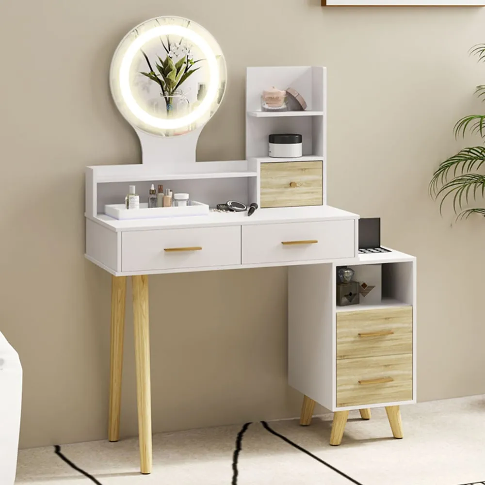 5 Drawer 5 Shelf Dressing Table with LED Light Mirror - White