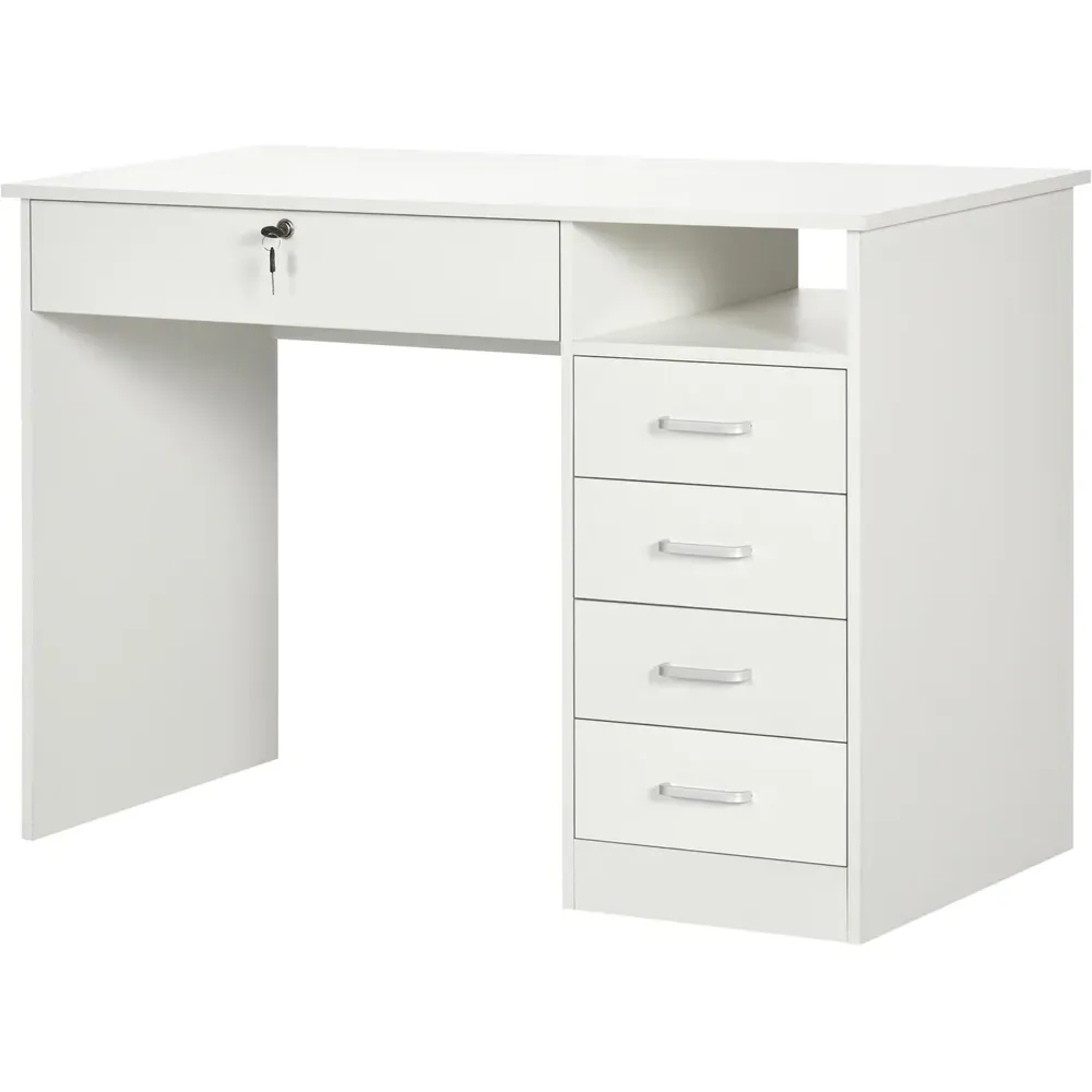 5 Drawer Computer Desk with Lock - White