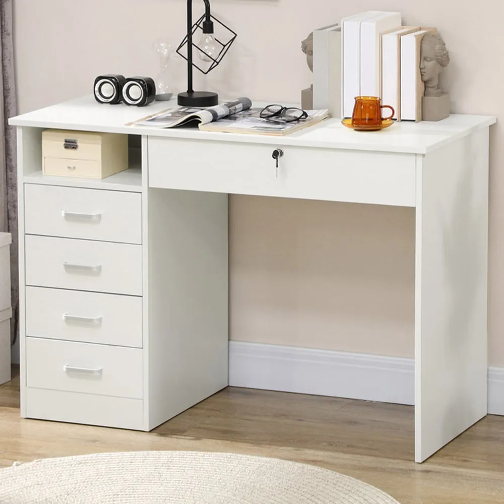 5 Drawer Computer Desk with Lock - White