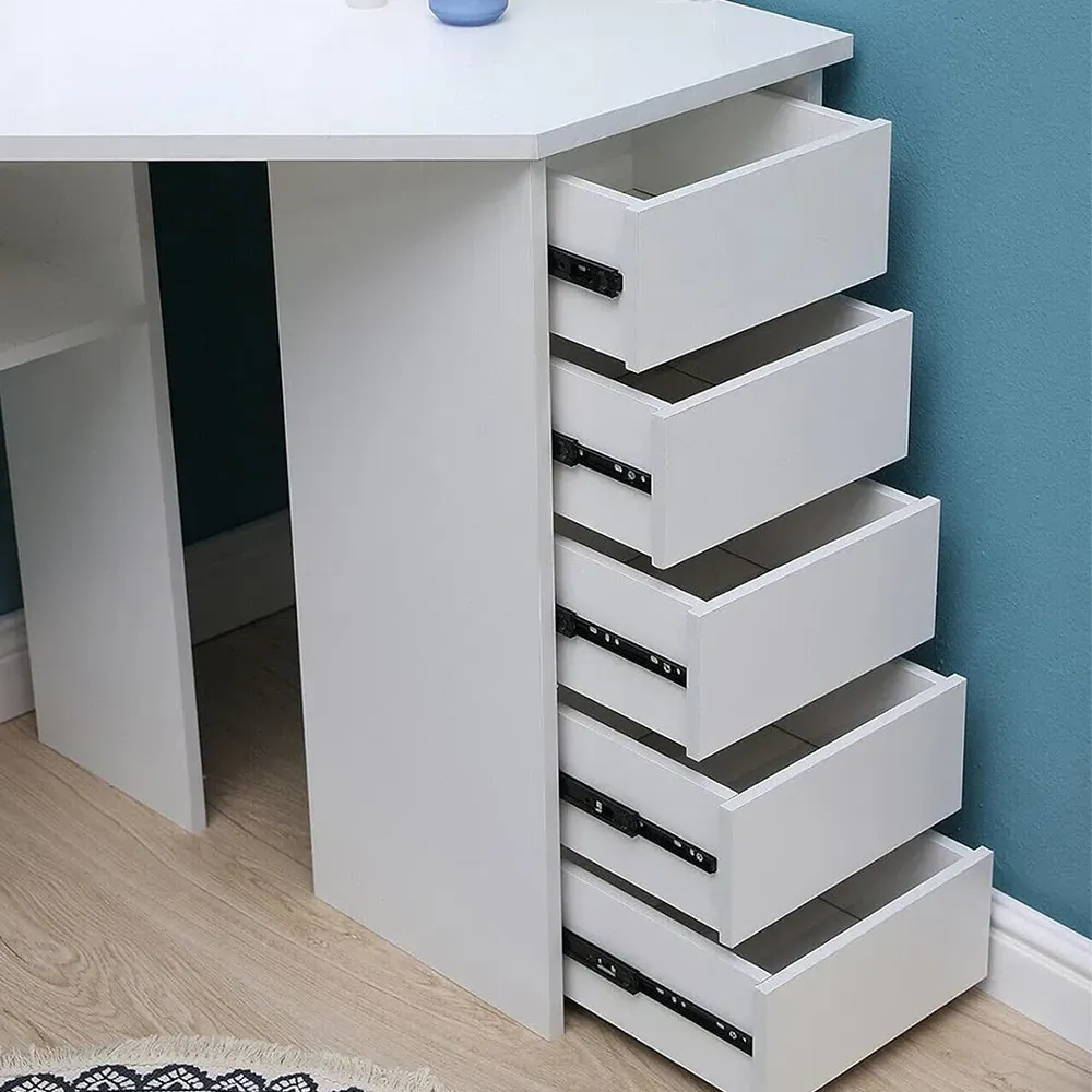 5 Drawer Corner Dressing Table Set with LED Mirror - White