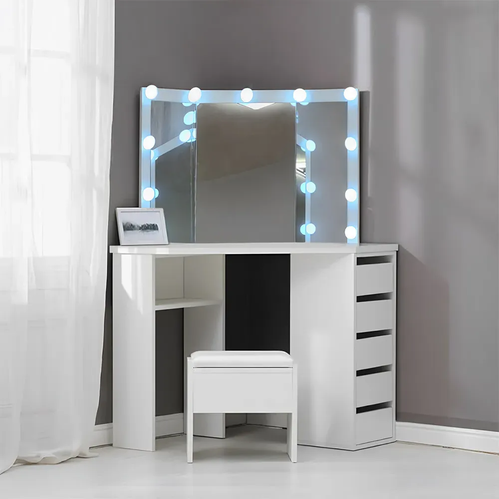 5 Drawer Corner Dressing Table Set with LED Mirror - White