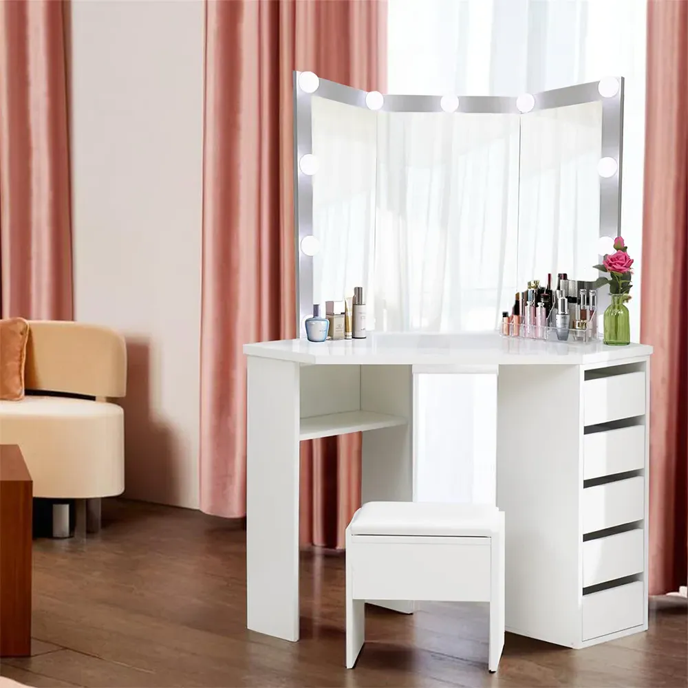 5 Drawer Corner Dressing Table Set with LED Mirror - White