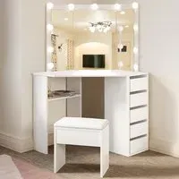 5 Drawer Corner Dressing Table Set with LED Mirror - White