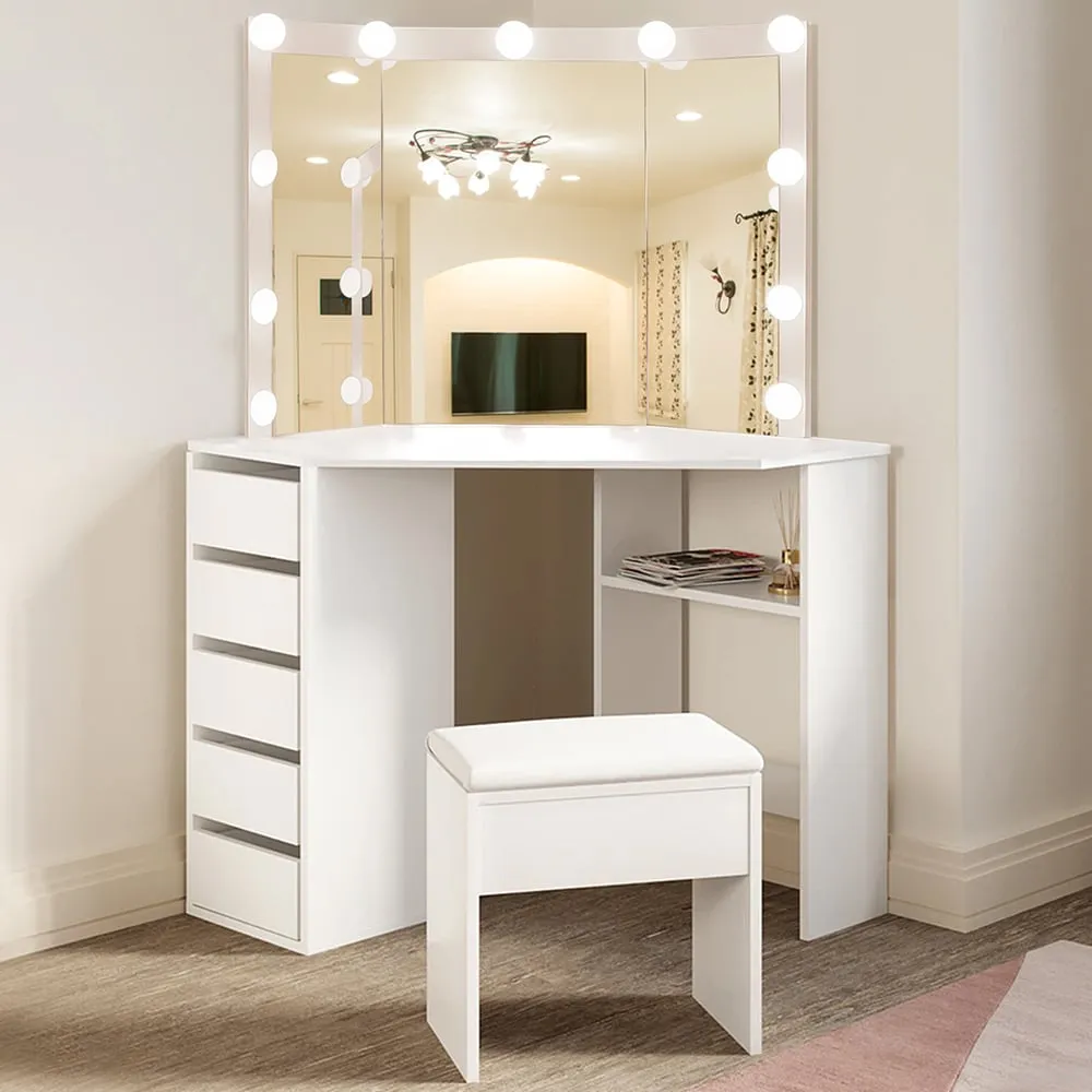 5 Drawer Corner Dressing Table Set with LED Mirror - White