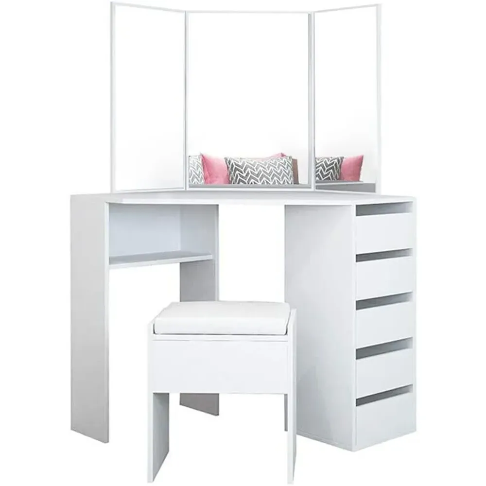 5 Drawer Corner Dressing Table Set with Mirror - White
