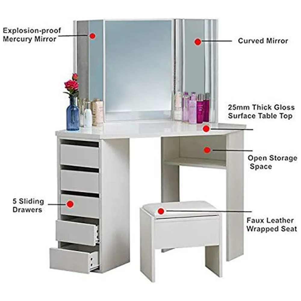 5 Drawer Corner Dressing Table Set with Mirror - White
